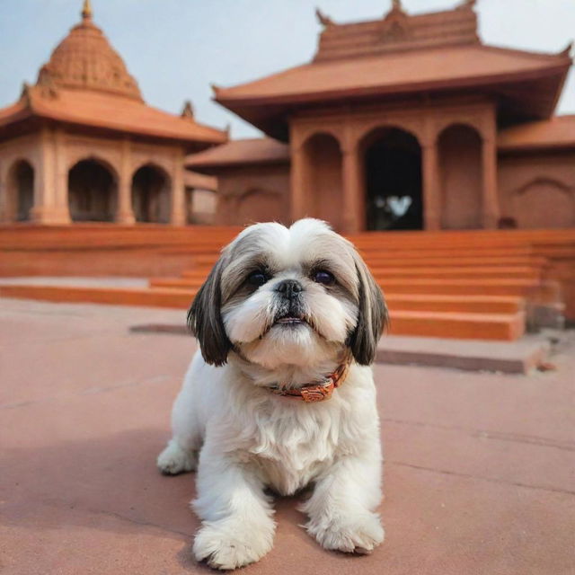 A Shih Tzu dog seeking blessings in the Ayodhya Ram Mandir, with intricate temple architecture and holy ambience in the background.