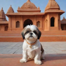 A Shih Tzu dog seeking blessings in the Ayodhya Ram Mandir, with intricate temple architecture and holy ambience in the background.