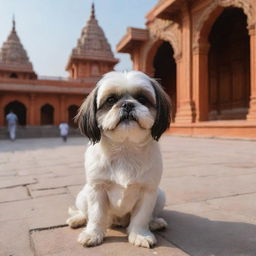 A Shih Tzu dog seeking blessings in the Ayodhya Ram Mandir, with intricate temple architecture and holy ambience in the background.