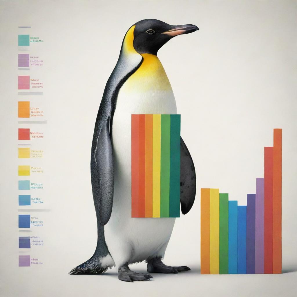 A detailed depiction of a penguin holding a colorful bar chart. The penguin is intricately detailed, appearing lifelike and vibrant with shades of black, white, and slight hints of yellow. The chart is brightly colored, showing various bars of different heights.