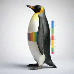 A detailed depiction of a penguin holding a colorful bar chart. The penguin is intricately detailed, appearing lifelike and vibrant with shades of black, white, and slight hints of yellow. The chart is brightly colored, showing various bars of different heights.