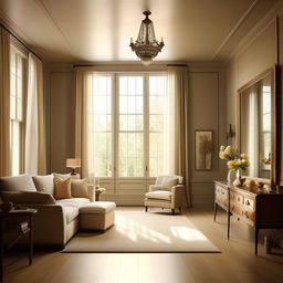 A realistically proportioned room with dimensions of 12 feet by 7.5 feet. Complete with elegant furniture and decor, neutral-colored walls, and a large window allowing natural light to cascade in.