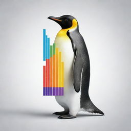 A detailed depiction of a penguin holding a colorful bar chart. The penguin is intricately detailed, appearing lifelike and vibrant with shades of black, white, and slight hints of yellow. The chart is brightly colored, showing various bars of different heights.