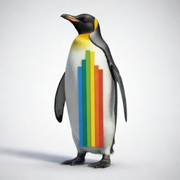 A detailed depiction of a penguin holding a colorful bar chart. The penguin is intricately detailed, appearing lifelike and vibrant with shades of black, white, and slight hints of yellow. The chart is brightly colored, showing various bars of different heights.