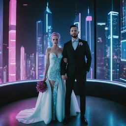 Visualize a cyberpunk wedding day, the couple in high-tech, neon-accented attire, integrated cybernetic accessories. Setting filled with digital, holographic decorations, guests in futuristic outfits, against a backdrop of towering, neon-lit skyscrapers, drones and holographic displays.