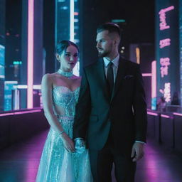 Visualize a cyberpunk wedding day, the couple in high-tech, neon-accented attire, integrated cybernetic accessories. Setting filled with digital, holographic decorations, guests in futuristic outfits, against a backdrop of towering, neon-lit skyscrapers, drones and holographic displays.