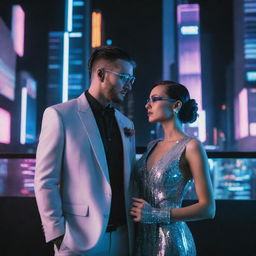 Visualize a cyberpunk wedding day, the couple in high-tech, neon-accented attire, integrated cybernetic accessories. Setting filled with digital, holographic decorations, guests in futuristic outfits, against a backdrop of towering, neon-lit skyscrapers, drones and holographic displays.