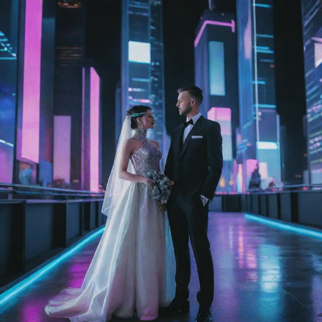 Visualize a cyberpunk wedding day, the couple in high-tech, neon-accented attire, integrated cybernetic accessories. Setting filled with digital, holographic decorations, guests in futuristic outfits, against a backdrop of towering, neon-lit skyscrapers, drones and holographic displays.