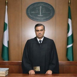 A distinguished advocate standing in a traditional Pakistani courtroom. He's robed in black uniform, holding legal documents. A Pakistani flag and the scales of justice are visible in the background.