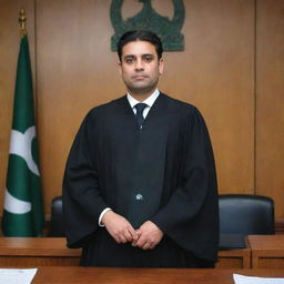 A distinguished advocate standing in a traditional Pakistani courtroom. He's robed in black uniform, holding legal documents. A Pakistani flag and the scales of justice are visible in the background.