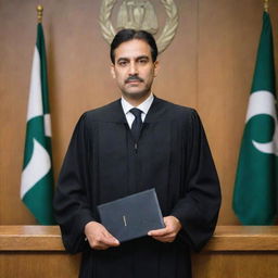 A distinguished advocate standing in a traditional Pakistani courtroom. He's robed in black uniform, holding legal documents. A Pakistani flag and the scales of justice are visible in the background.