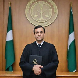 A distinguished advocate standing in a traditional Pakistani courtroom. He's robed in black uniform, holding legal documents. A Pakistani flag and the scales of justice are visible in the background.