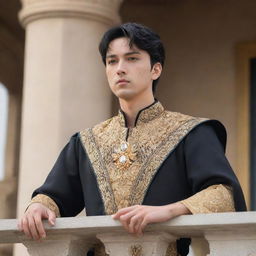 Anime style portrait of a handsome young king with fair skin, short black hair, and brown eyes. He stands on the palace balcony, passionately addressing his people as their newly appointed leader.