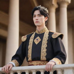 Anime style portrait of a handsome young king with fair skin, short black hair, and brown eyes. He stands on the palace balcony, passionately addressing his people as their newly appointed leader.