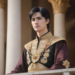 Anime style portrait of a handsome young king with fair skin, short black hair, and brown eyes. He stands on the palace balcony, passionately addressing his people as their newly appointed leader.