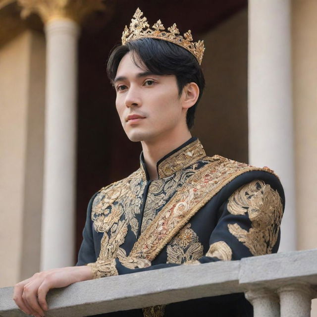 Anime style portrait of a handsome young king with fair skin, short black hair, and brown eyes. He stands on the palace balcony, passionately addressing his people as their newly appointed leader.