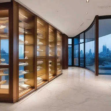 The luxurious penthouse apartment featured exquisite stockholdings displayed in custom-made glass cabinets.