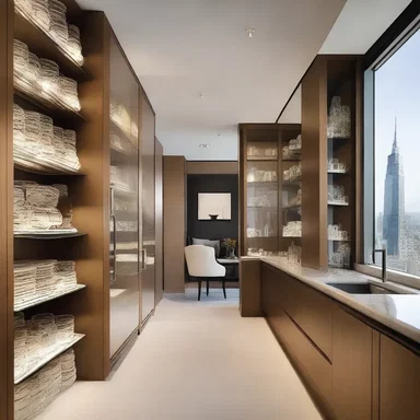 The luxurious penthouse apartment featured exquisite stockholdings displayed in custom-made glass cabinets.