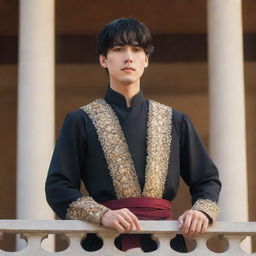 Anime style portrait of a handsome young king with fair skin, short black hair, and brown eyes. He stands on the palace balcony, passionately addressing his people as their newly appointed leader.