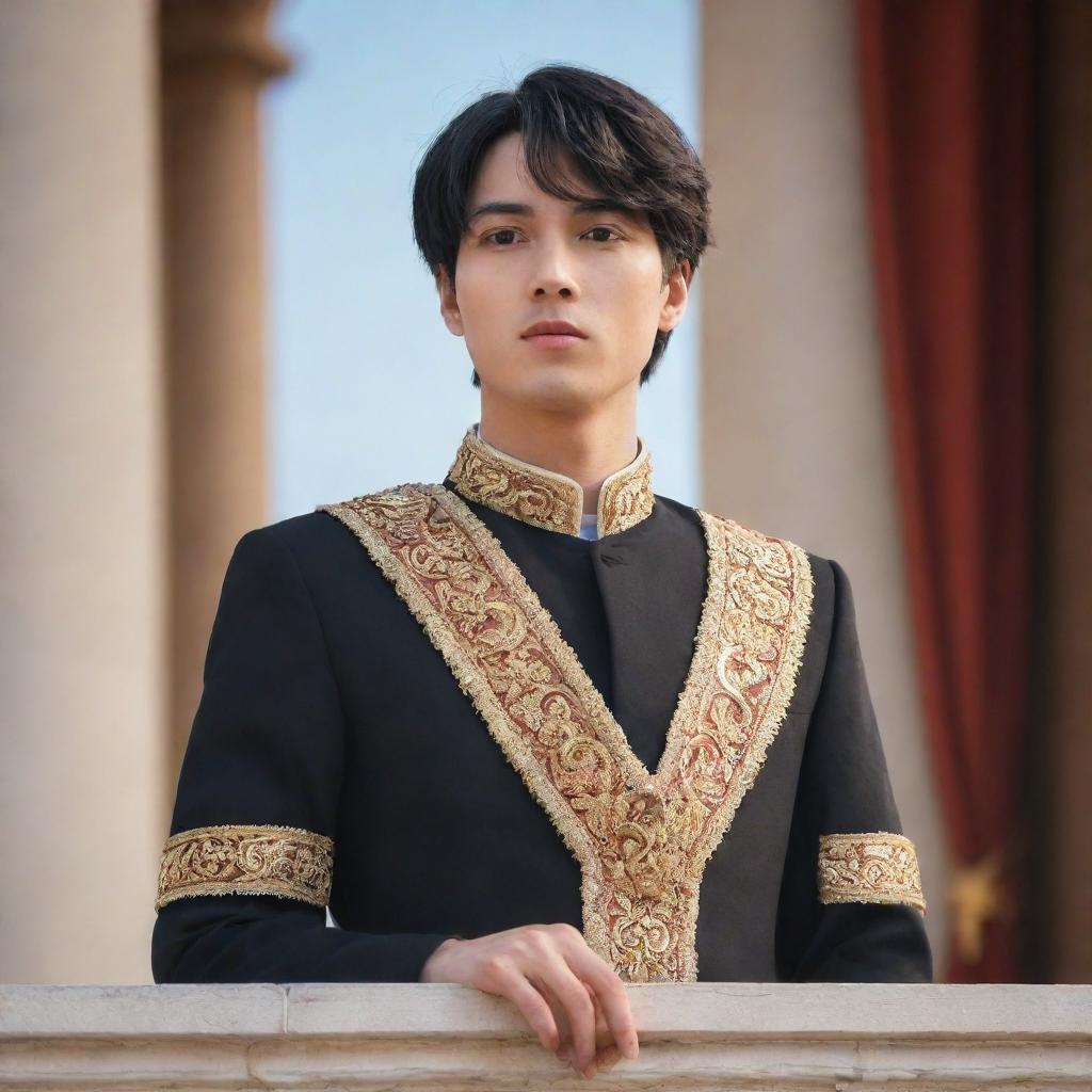 Anime style portrait of a handsome young king with fair skin, short black hair, and brown eyes. He stands on the palace balcony, passionately addressing his people as their newly appointed leader.