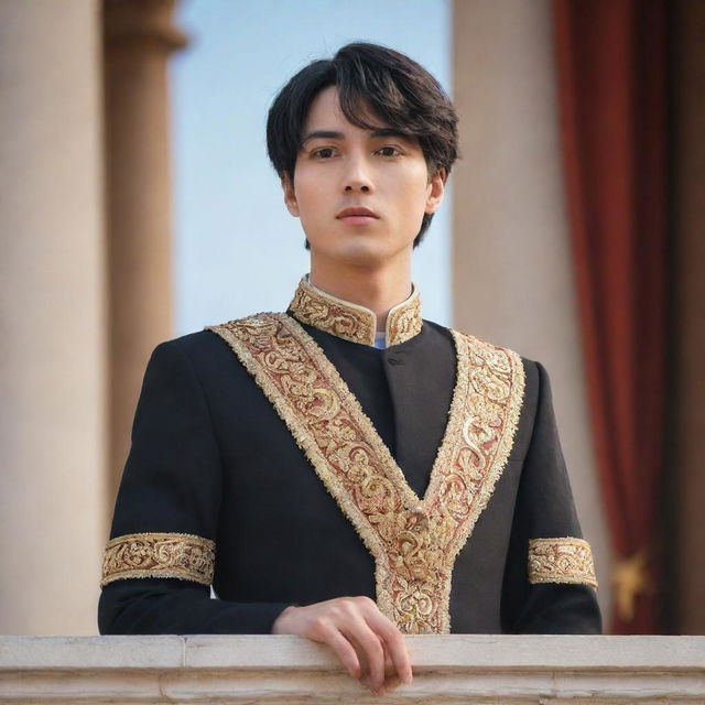 Anime style portrait of a handsome young king with fair skin, short black hair, and brown eyes. He stands on the palace balcony, passionately addressing his people as their newly appointed leader.