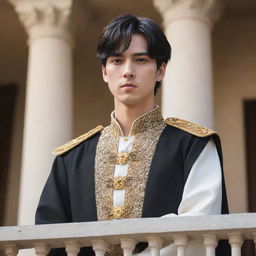 Anime style portrait of a handsome young king with fair skin, short black hair, and brown eyes. He stands on the palace balcony, passionately addressing his people as their newly appointed leader.