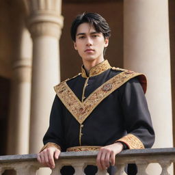 Anime style portrait of a handsome young king with fair skin, short black hair, and brown eyes. He stands on the palace balcony, passionately addressing his people as their newly appointed leader.