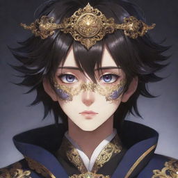 An anime-style boy with dark hair, vibrant eyes, and mysterious aura, wearing a unique and ornate mask