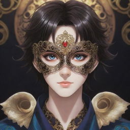 An anime-style boy with dark hair, vibrant eyes, and mysterious aura, wearing a unique and ornate mask