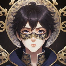 An anime-style boy with dark hair, vibrant eyes, and mysterious aura, wearing a unique and ornate mask