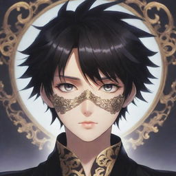 An anime-style boy with dark hair, vibrant eyes, and mysterious aura, wearing a unique and ornate mask