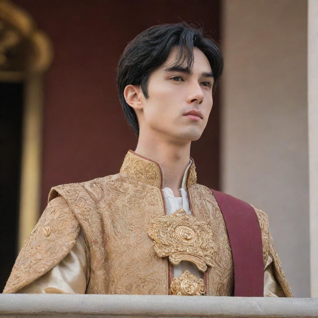 Anime style portrait of a handsome young king with fair skin, short black hair, and brown eyes. He stands on the palace balcony, passionately addressing his people as their newly appointed leader.