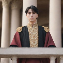 Anime style portrait of a handsome young king with fair skin, short black hair, and brown eyes. He stands on the palace balcony, passionately addressing his people as their newly appointed leader.