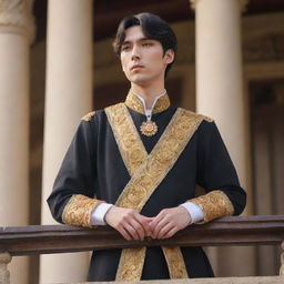 Anime style portrait of a handsome young king with fair skin, short black hair, and brown eyes. He stands on the palace balcony, passionately addressing his people as their newly appointed leader.