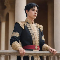 Anime style portrait of a handsome young king with fair skin, short black hair, and brown eyes. He stands on the palace balcony, passionately addressing his people as their newly appointed leader.