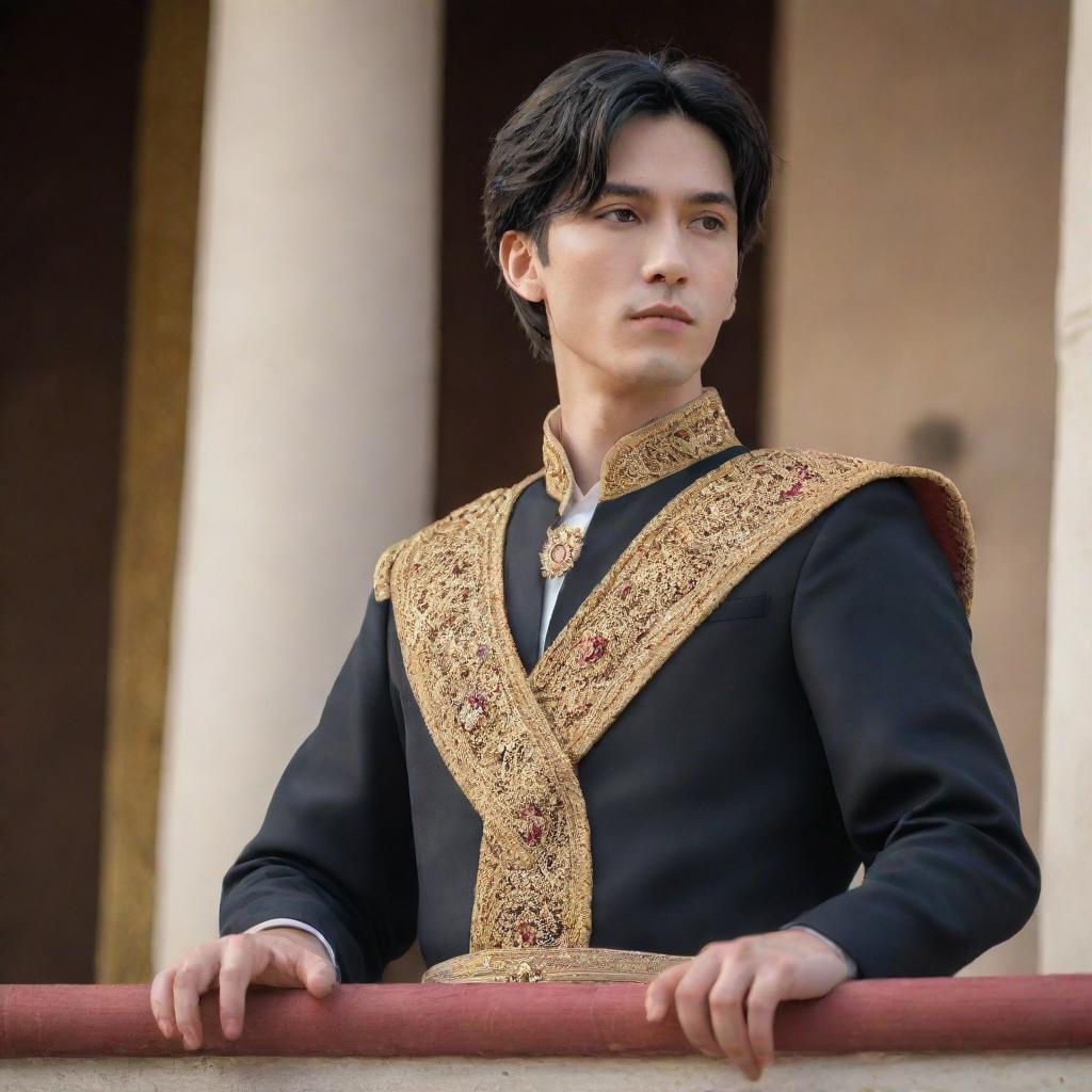 Anime style portrait of a handsome young king with fair skin, short black hair, and brown eyes. He stands on the palace balcony, passionately addressing his people as their newly appointed leader.