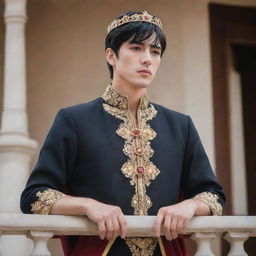 Anime style portrait of a handsome young king with fair skin, short black hair, and brown eyes. He stands on the palace balcony, passionately addressing his people as their newly appointed leader.