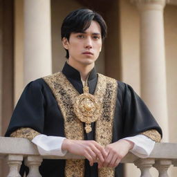 Anime style portrait of a handsome young king with fair skin, short black hair, and brown eyes. He stands on the palace balcony, passionately addressing his people as their newly appointed leader.