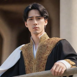 Anime style portrait of a handsome young king with fair skin, short black hair, and brown eyes. He stands on the palace balcony, passionately addressing his people as their newly appointed leader.