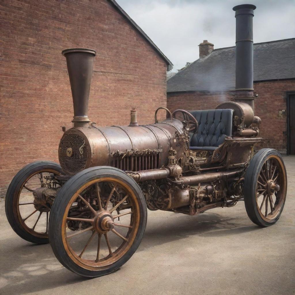 A steampunk style racing car, with intricate gears, steam-powered engine, iron-plated body, rustic paintwork, Victorian-era wheel design, and a chimney acting as exhaust pipe.