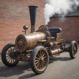 A steampunk style racing car, with intricate gears, steam-powered engine, iron-plated body, rustic paintwork, Victorian-era wheel design, and a chimney acting as exhaust pipe.