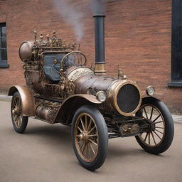 A steampunk style racing car, with intricate gears, steam-powered engine, iron-plated body, rustic paintwork, Victorian-era wheel design, and a chimney acting as exhaust pipe.