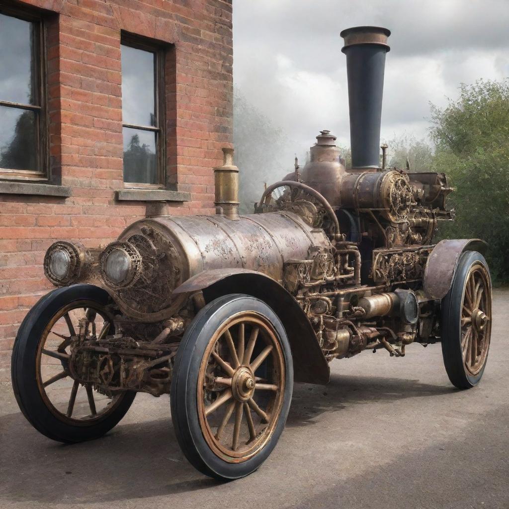 A steampunk style racing car, with intricate gears, steam-powered engine, iron-plated body, rustic paintwork, Victorian-era wheel design, and a chimney acting as exhaust pipe.