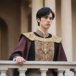 Anime style portrait of a handsome young king with fair skin, short black hair, and brown eyes. He stands on the palace balcony, passionately addressing his people as their newly appointed leader.