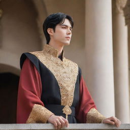 Anime style portrait of a handsome young king with fair skin, short black hair, and brown eyes. He stands on the palace balcony, passionately addressing his people as their newly appointed leader.