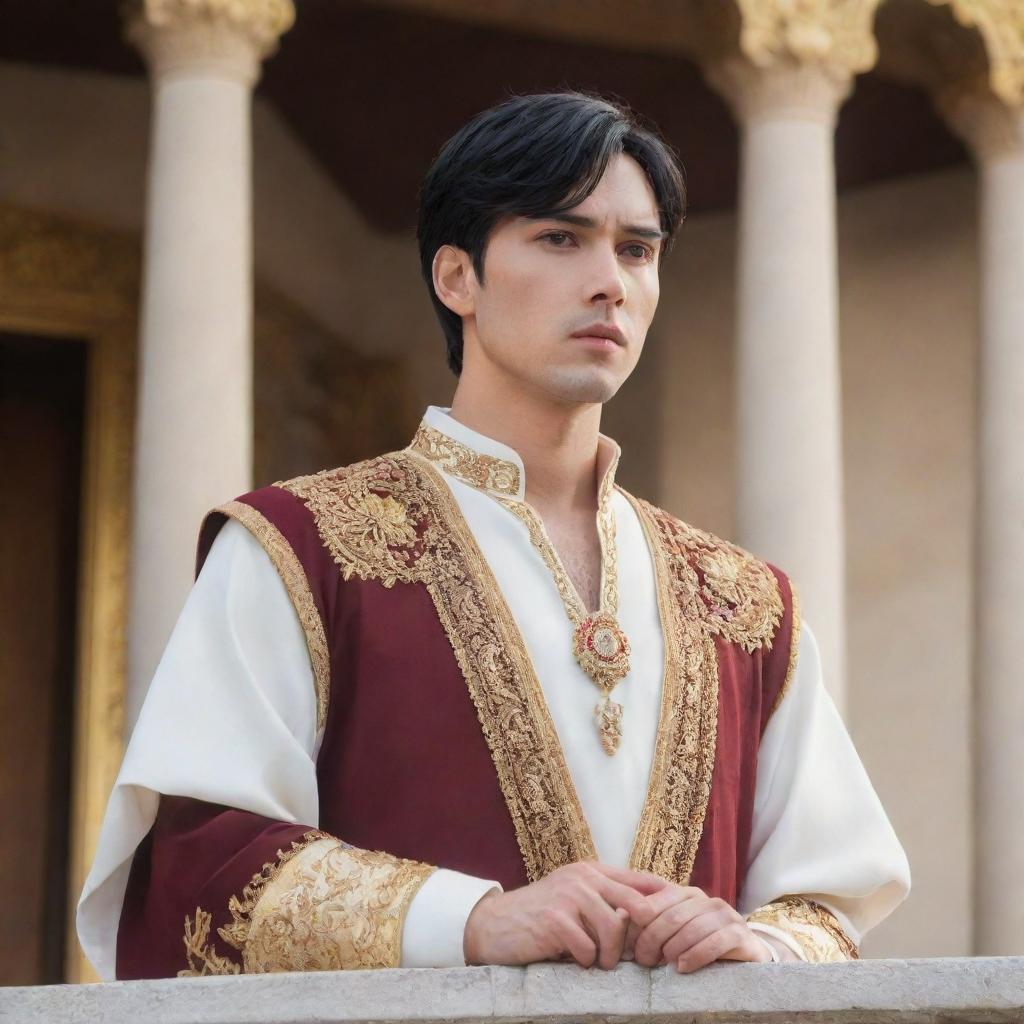 Anime style portrait of a handsome young king with fair skin, short black hair, and brown eyes. He stands on the palace balcony, passionately addressing his people as their newly appointed leader.