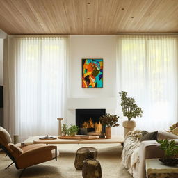 A well-lit, spacious living room with contemporary furniture, vibrant houseplants, a large window with flowing curtains, and a fireplace inviting warmth.