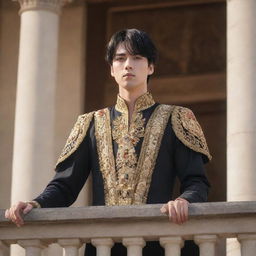 Anime style portrait of a handsome young king with fair skin, short black hair, and brown eyes. He stands on the palace balcony, passionately addressing his people as their newly appointed leader.