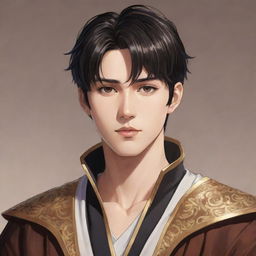 Anime-style artwork of a handsome young king with fair skin, short black hair, and warm brown eyes that resemble rich, polished wood.