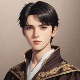 Anime-style artwork of a handsome young king with fair skin, short black hair, and warm brown eyes that resemble rich, polished wood.